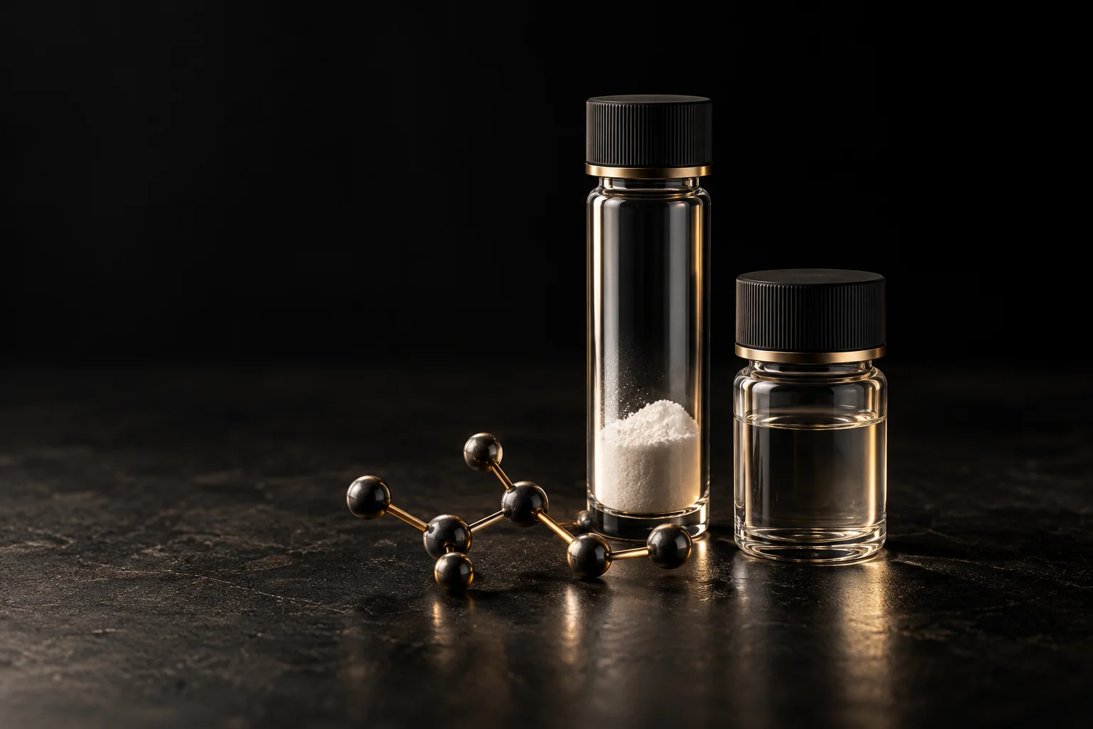 Conceptual research materials: glass sample bottles and a molecular model